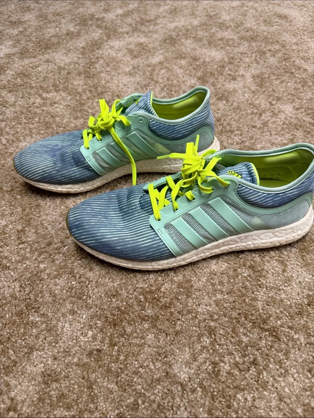adidas Kids Blue Striped Sneakers with Neon Yellow Laces